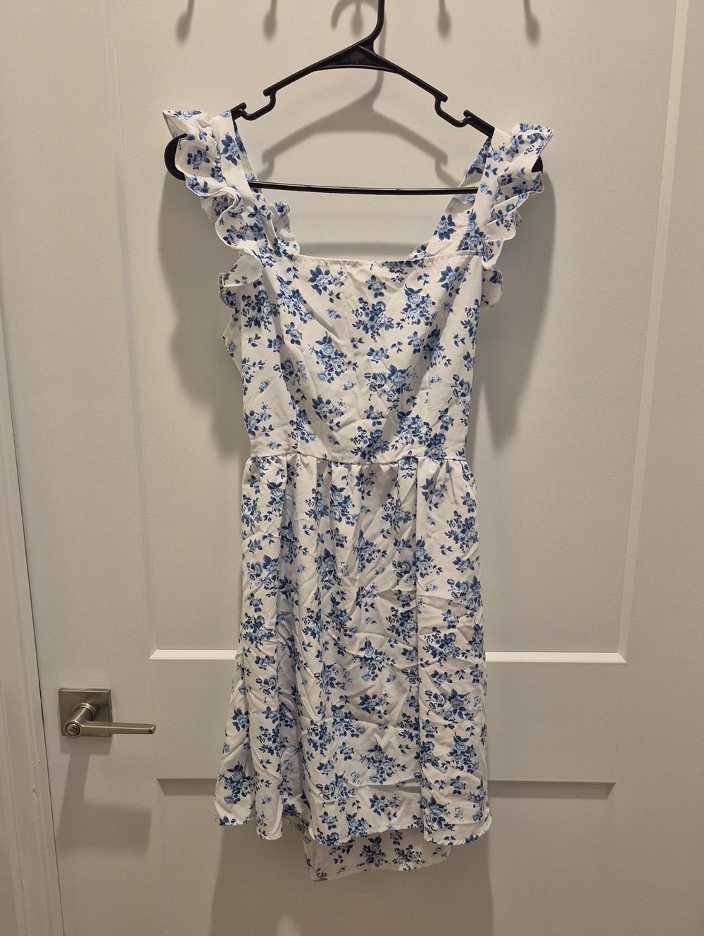 SHEIN White Dress with Blue Floral Ruffle Straps